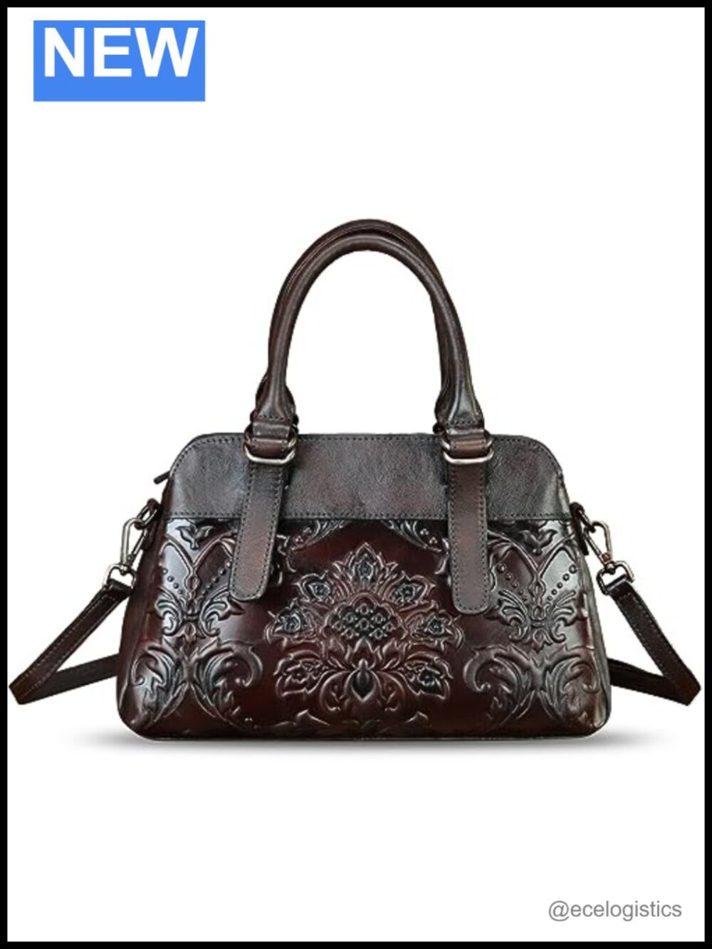 Genuine Leather Vintage Embossed Satchel Handbag Crossbody with Strap